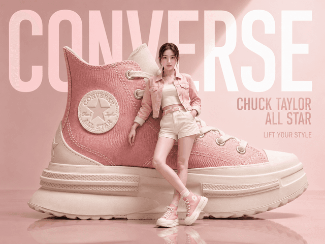 Tạo ảnh concept quảng cáo thời trang với người mẫu tạo dáng bên giày sneaker khổng lồ