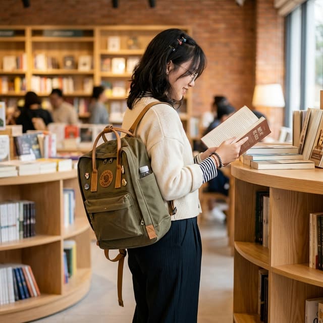 Tạo ảnh chụp balo chân thực với người mẫu trong không gian thư viện